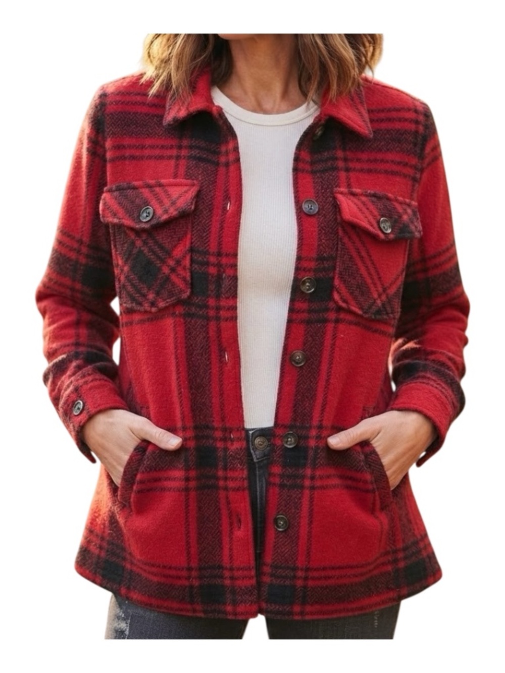 Cozy Buffalo Check Plaid Shirt Jacket / Shacket by Time & Tru (Size Large)